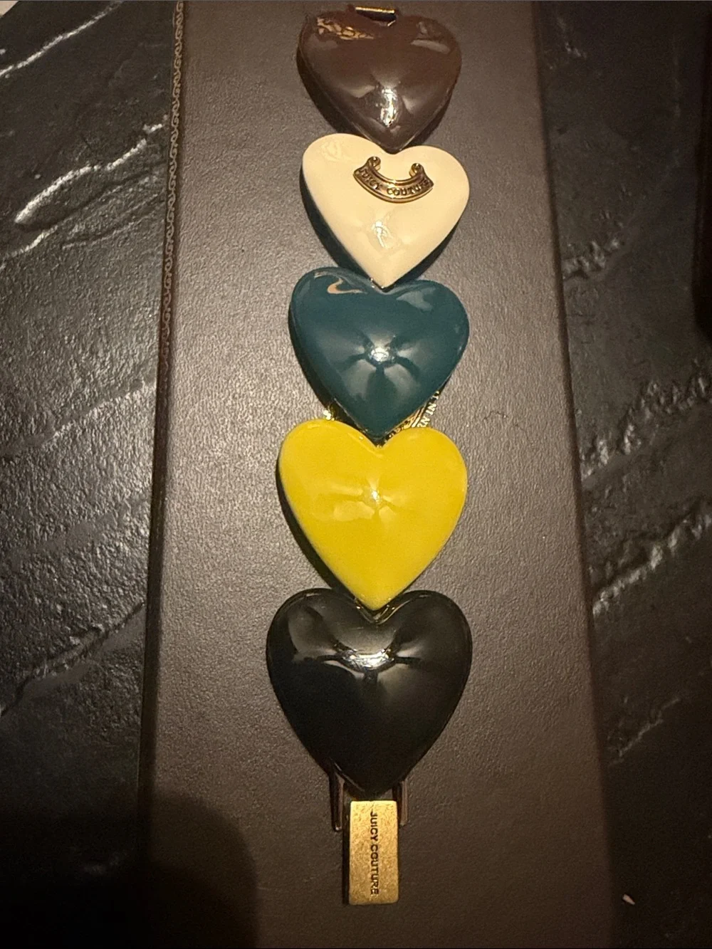 Juicy Couture Multi-Heart Bag Charm in Black, Yellow, Teal, Cream, Brown-